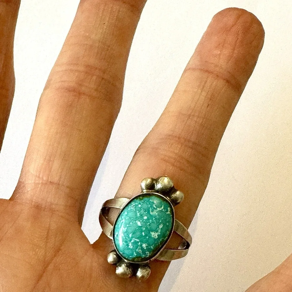 Modern Turquoise Navajo Sonoran Gold Ring Sz 8 Signed Martinez Antiqued Sterling